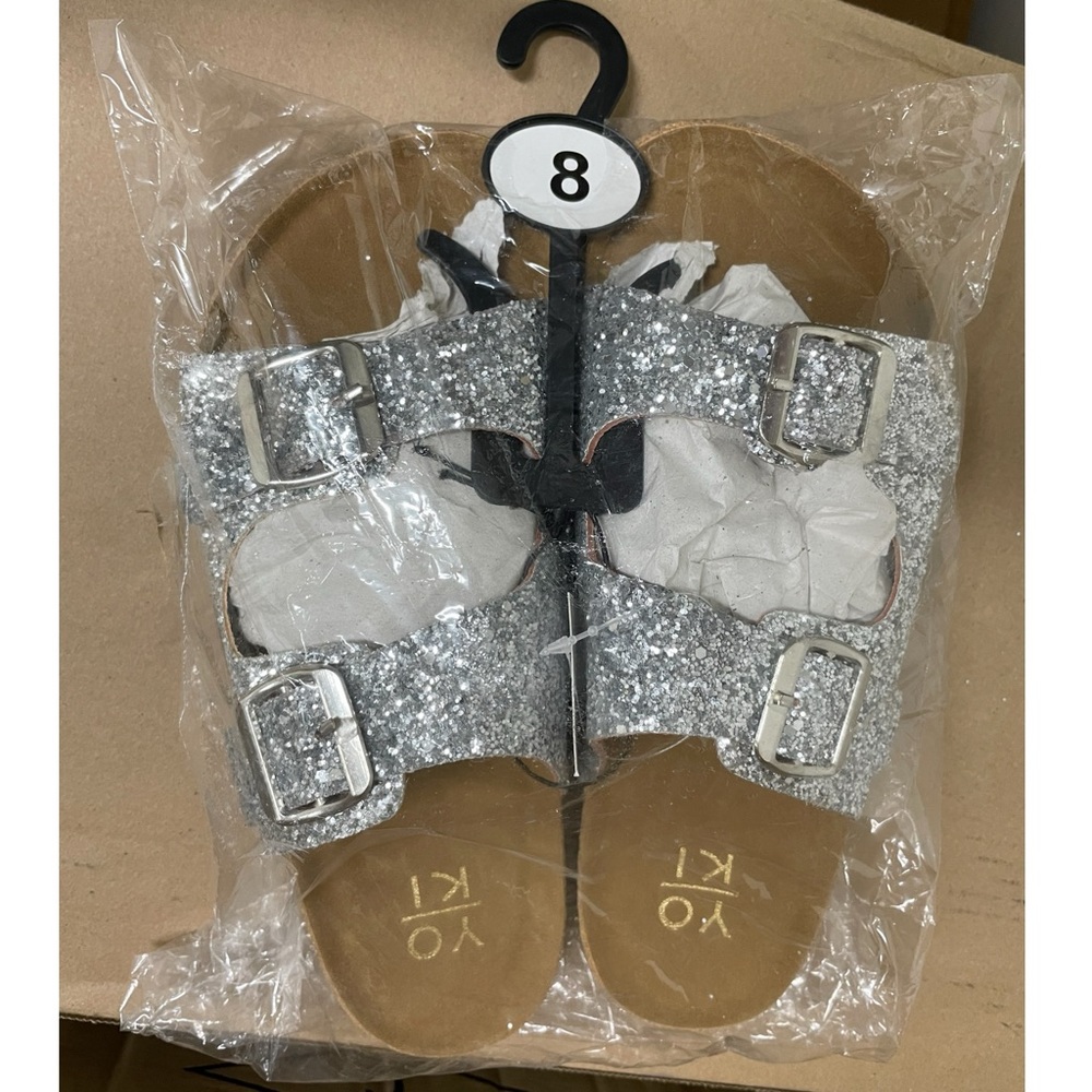 STROLL SEQUIN DOUBLE BUCKLE FLATS SLIDE SANDALS SILVER NWT! - Picture 5 of 11